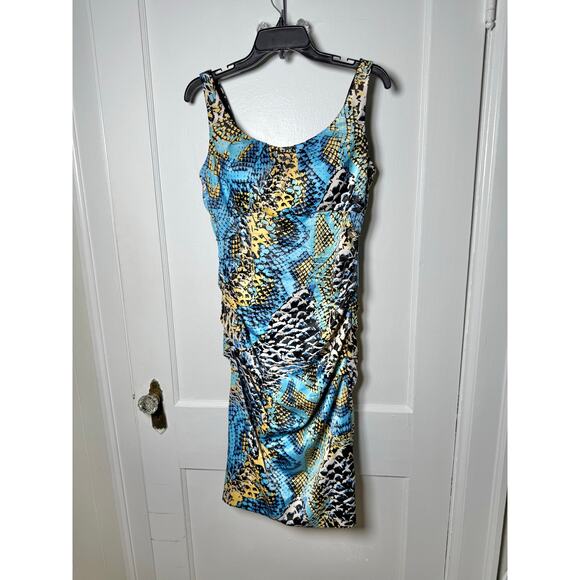 VTG Signature by Sangria Y2K Ruched Snake Satin Teal Blue Sleeveless Dress 10 - Picture 1 of 9